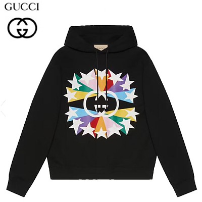 GUCCI-646953 1082 구찌 블랙 인터로킹 G 스타버스트 프린트 후드 티셔츠 남여공용