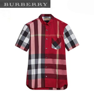 BURBERRY-40458371 버버리 쇼트 슬리브 체크 스트레치 카멜 코튼 블렌드 셔츠