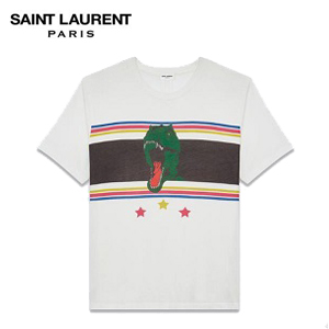 SAINT LAURENT-454150Y 생 로랑 티라노사우루스, 별, 스트라이프 프린트 디테일 화이트 크루넥 티셔츠 